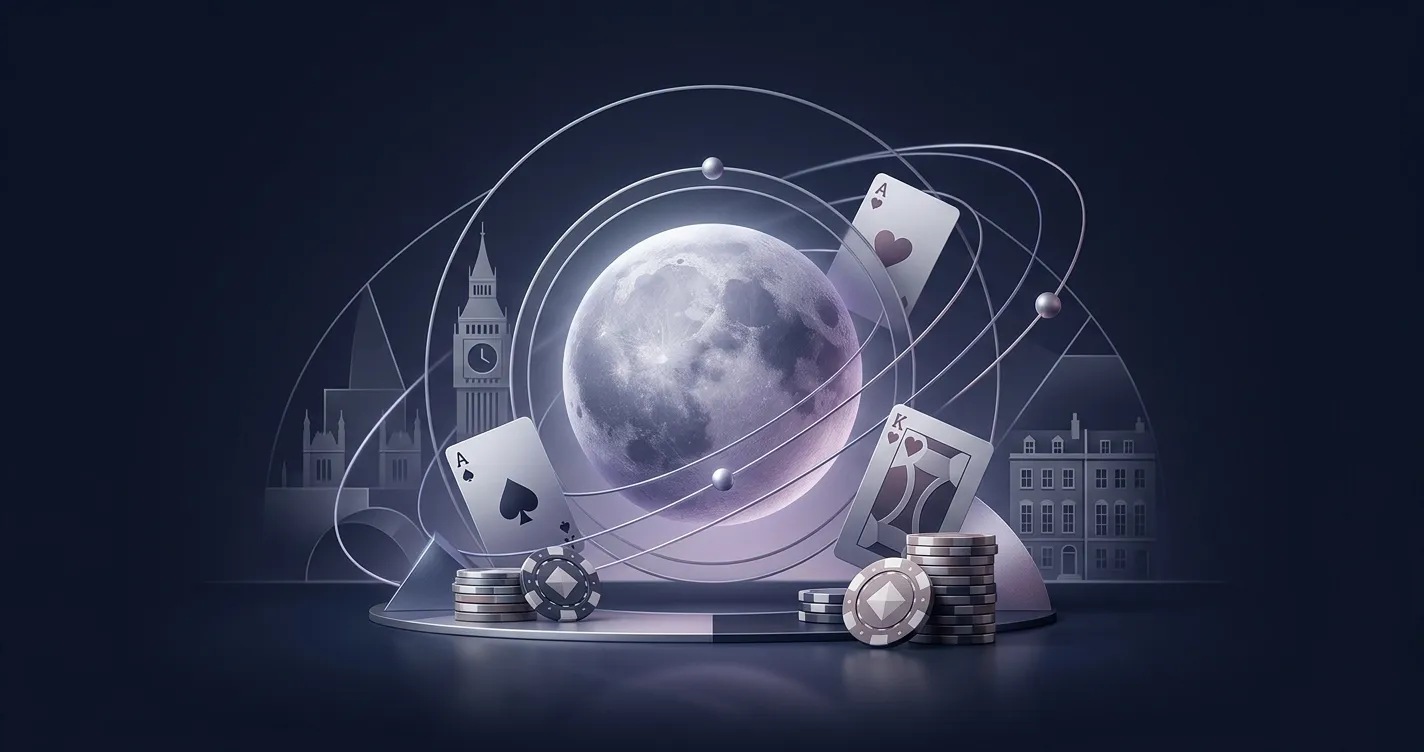 Editorial illustration for a Luna Casino UK review with lunar visual motifs