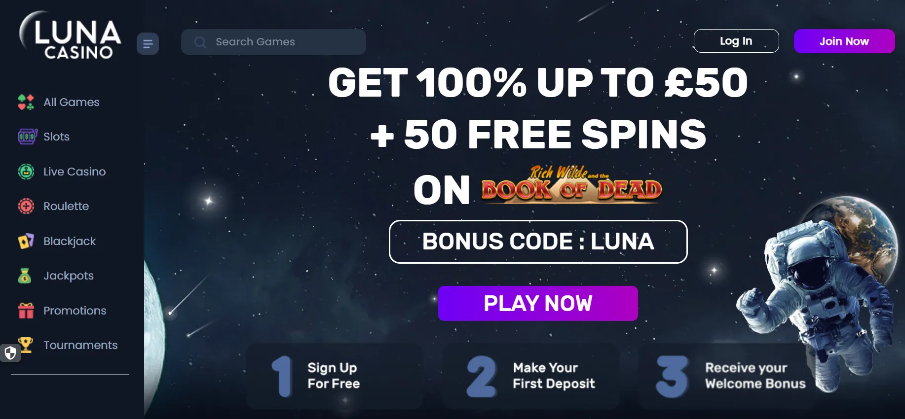 Current Luna Casino UK homepage or promotions section showing the public welcome offer