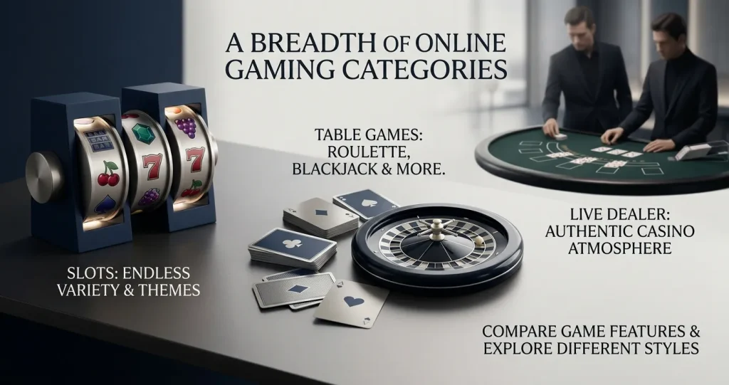 Editorial illustration of slots, playing cards and a live casino table