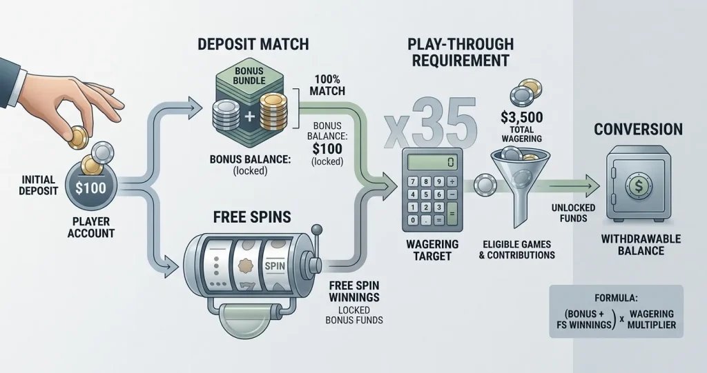 Conceptual illustration of deposit match, free spins and wagering for the Luna welcome offer