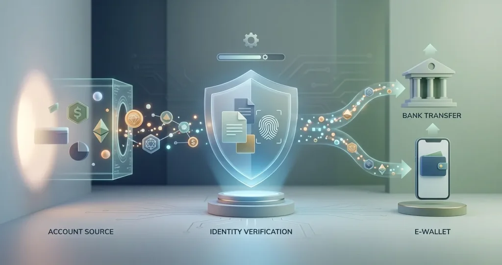 Illustration of a Luna Casino cashout moving through verification to a bank or e-wallet