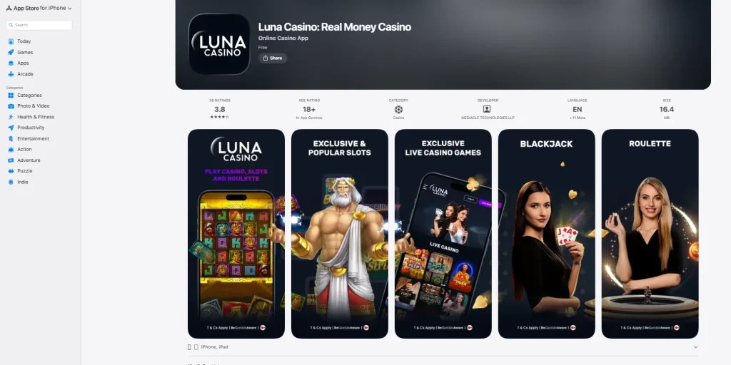 Official Luna Casino app-store listing