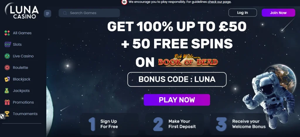 Luna Casino promotions page showing the current UK welcome offer
