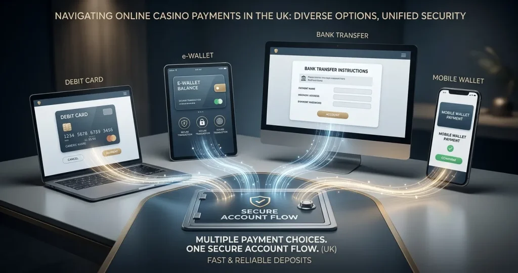 Illustration of debit card, e-wallet and bank payment options for Luna Casino UK players