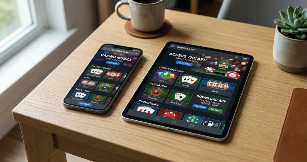Editorial illustration of a smartphone and tablet representing mobile casino access