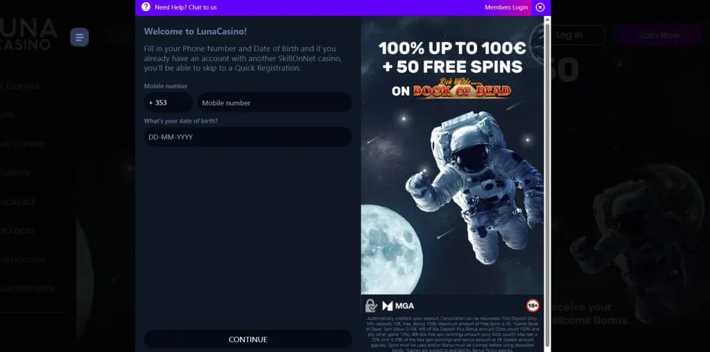 Luna Casino registration and account interface for UK players