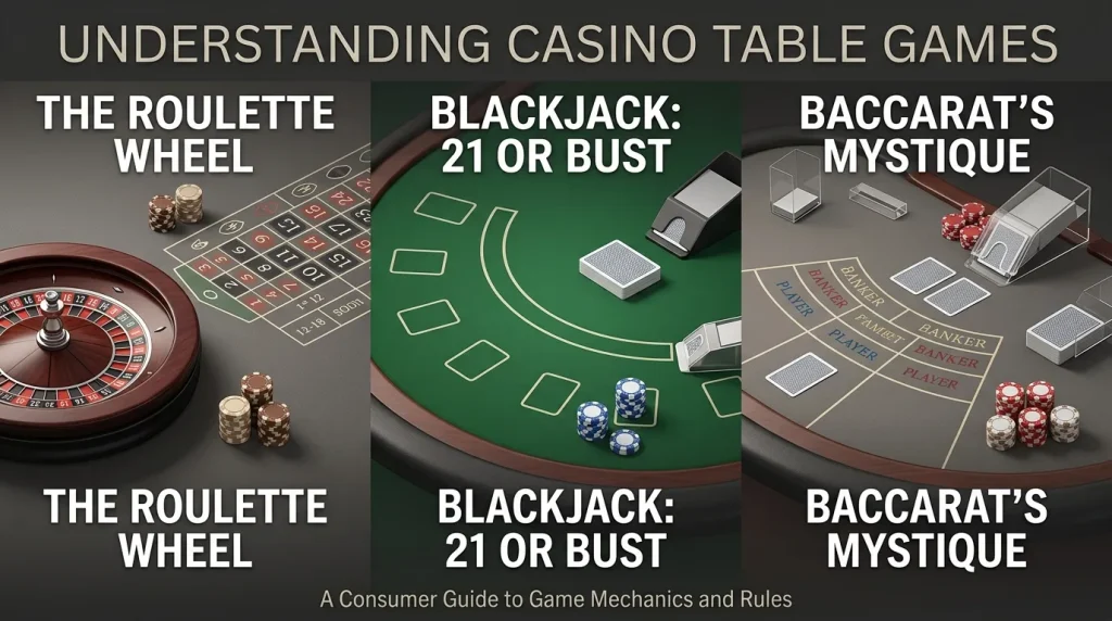 Illustration of roulette, blackjack and baccarat equipment for Luna Casino table games