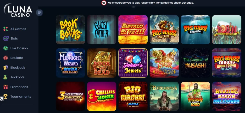 Luna Casino UK slots lobby showing slot categories and game tiles