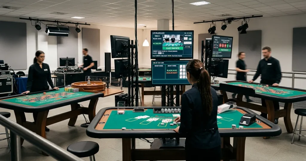 Illustration of live roulette and blackjack tables for Luna Casino UK players
